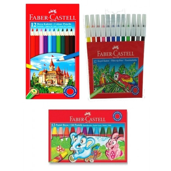 Faber Castell Kuru Boya 12 li Tam Boy - Pastel Boya 12 li - Keçeli Boya Kalemi 12 li - 3lü Set