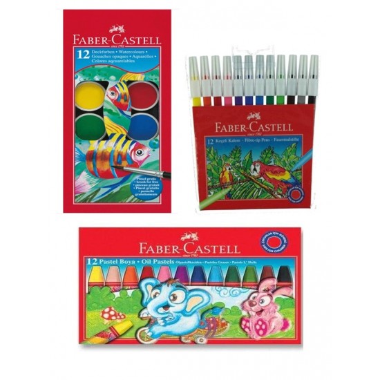 Faber Castell Pastel Boya 12 li - Keçeli Boya Kalemi 12 li - Sulu Boya 12 li - 3 lü Set