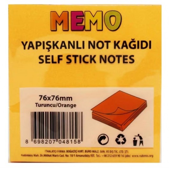 Memo Yapışkanlı Not Kağıdı 76X76Mm Turuncu - 3 adet