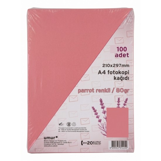 Umur Renkli Fotokopi Kağıdı A4 80gr 100Lü Pembe