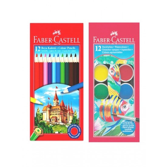 Faber Castell Kuru Boya 12 li Tam Boy - Sulu Boya 12 li - 2 li Set
