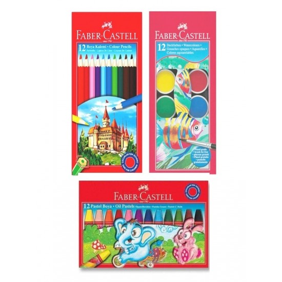 Faber Castell Kuru Boya 12 li Tam Boy - Pastel Boya 12 li - Sulu Boya 12 li - 3 lü Set