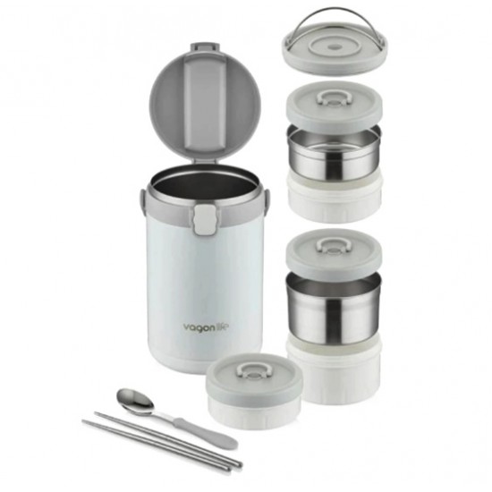 Lunchbox 3 Katlı 4-6 Saat Sıcak/soğuk Termos Çelik Sefer Tası Beslenme Kabı 2100ml Beyaz