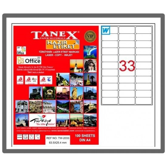 Tanex Etiket 63,5X25,4 A4 100 Sayfa