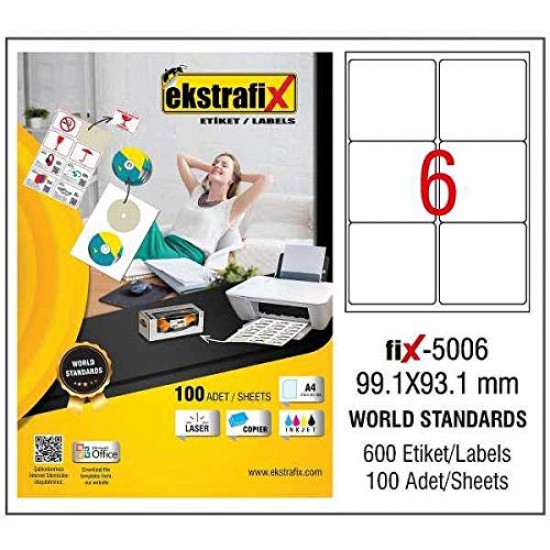 Ekstrafix A4 Lazer Etiket 9,91cmX9,31cm 100 sayfa 600 etiket
