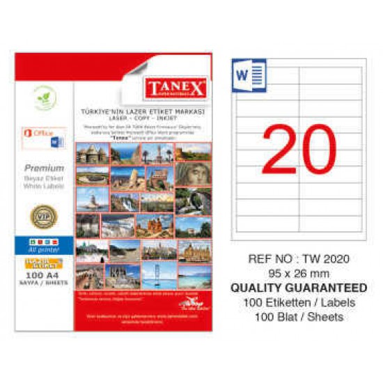 Tanex Etiket 26X95mm 100 sayfa A4 Lazer Etiket