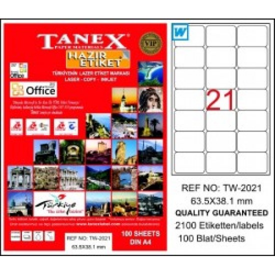 Tanex Etiket 63,5X38,1Mm 21Li 100 sayfa A4 Lazer Etiket