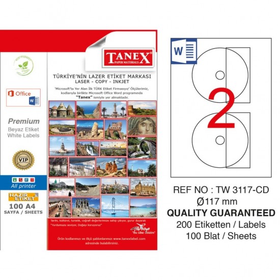 Tanex Etiket Tw-3117 A4 100 Sayfa 117 Mm CD etiketi