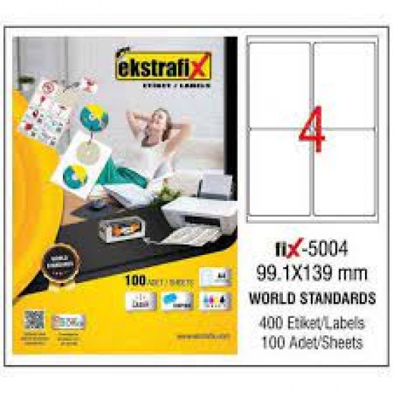 Ekstrafix A4 Lazer Etiket 9,91cmX13,9cm 100 sayfa 400 etiket